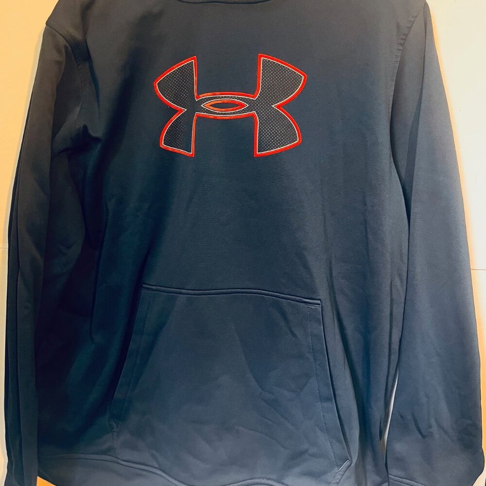 Under Armour ColdGear Hoodie Men’s XL Blue Red Logo Fleece Lined Pullover